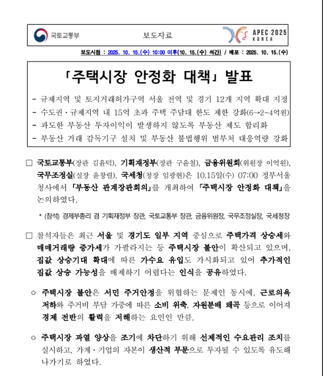 국토부 부동산 대책 10월 15일 총정리